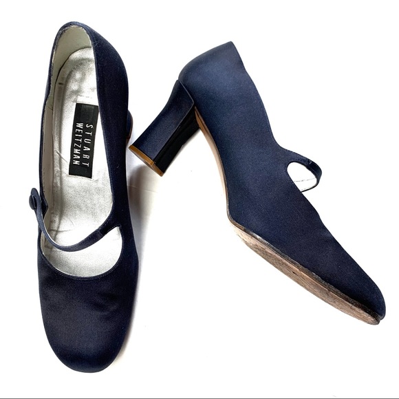 Stuart Weitzman Shoes - Stuart Weitzman Navy Satin Mary Jane Heels 8.5 B